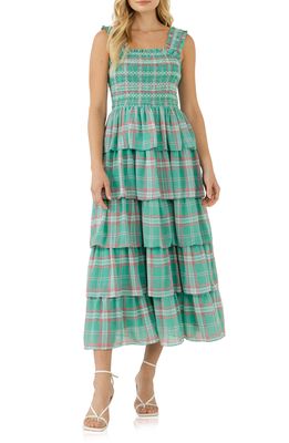English Factory Tiered Plaid Maxi Dress in Green Multi