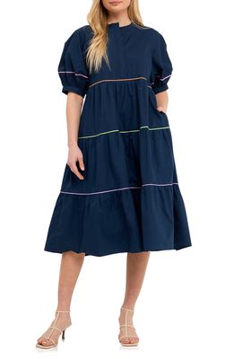 English Factory Tiered Puff Sleeve Cotton Midi Dress in Navy