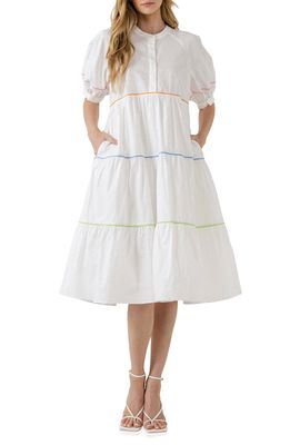 English Factory Tiered Puff Sleeve Cotton Midi Dress in White