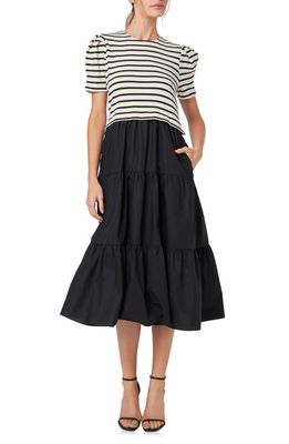 English Factory Tiered Puff Sleeve Mixed Media Dress in Black/Cream