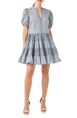 English Factory Tile Print Tiered Cotton Dress in White/Blue