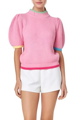 English Factory Tipped Trim Short Sleeve Shaker Stitch Sweater in Pink Multi