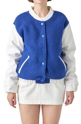 English Factory Tweed & Faux Leather Bomber Jacket in Blue/White