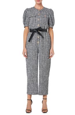 English Factory Tweed Puff Sleeve Ankle Jumpsuit in Black/White