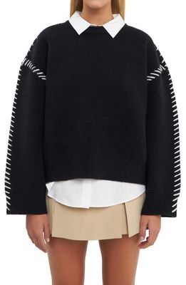 English Factory Whipstitch Accent Crewneck Sweater in Black/White