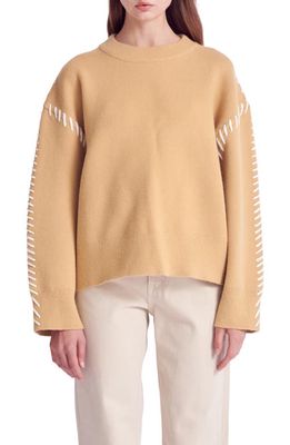 English Factory Whipstitch Accent Crewneck Sweater in Camel/Cream