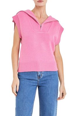 English Factory Zip Mock Neck Cap Sleeve Sweater in Pink