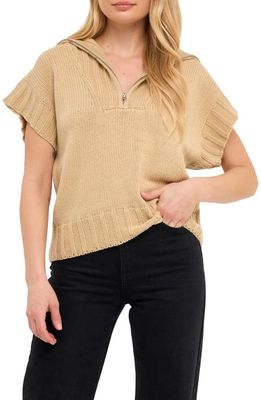 English Factory Zip Neck Short Sleeve Sweater in Taupe