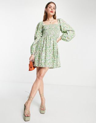 Envii balloon sleeve smock dress in spring floral-Green