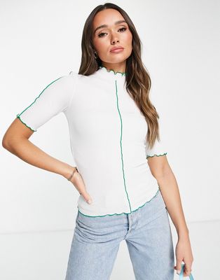 Envii high neck fitted t-shirt with lettuce piping-White