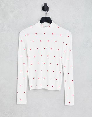 Envii high neck long sleeve top in heart print-White