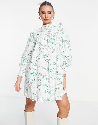 Envii long sleeve mini smock dress with frill detail in fox print-Green