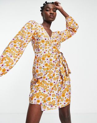 Envii mini wrap dress with balloon sleeves in retro sunflower print-Yellow