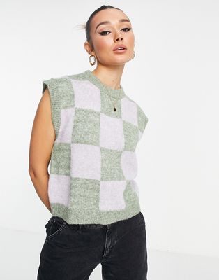 Envii oversized sweater vest in green grid check