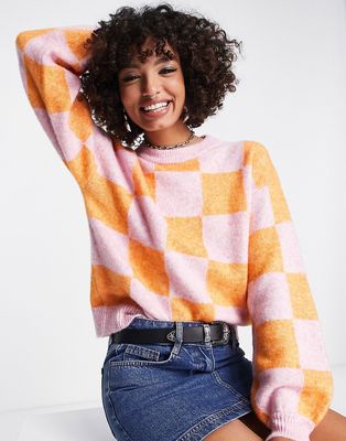 Envii super soft knitted sweater in pink and coral checkerboard