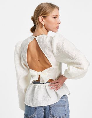 Envii tie back blouse in structured jaquard in white