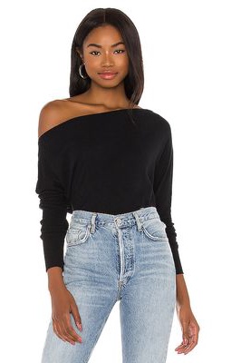 Enza Costa Cashmere Cuffed Off Shoulder Long Sleeve Top in Black