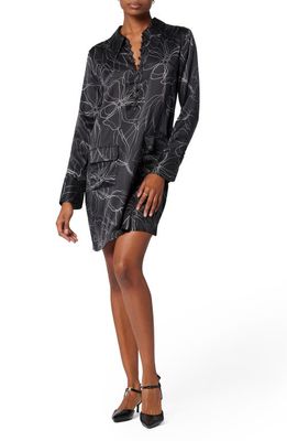 Equipment Elena Floral Long Sleeve Silk Shirtdress in True Black And Nature White