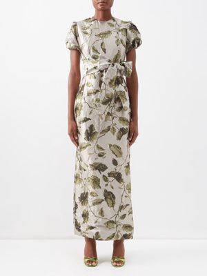 Erdem - Arvilla Legge Leaves-print Crushed-satin Dress - Womens - White Green