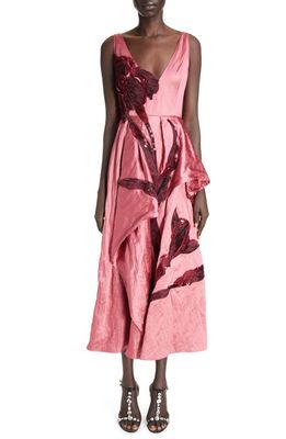 Erdem Beaded Floral Metallic Asymmetric Dress in Pink