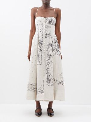 Erdem - Catalina Floral-print Linen Midi Dress - Womens - Cream Multi