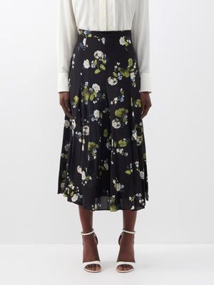 Erdem - Christina Cahun Garden-print Silk-crepe Midi Skirt - Womens - Black Multi