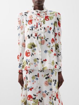 Erdem - Constance Cahun Garden-print Ruffled Silk Blouse - Womens - White Multi