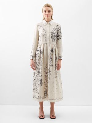Erdem - Cora Floral-print Linen Shirt Dress - Womens - Cream Black