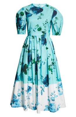 Erdem Dégradé Floral Puff Sleeve Cotton Dress in Kingfisher And White