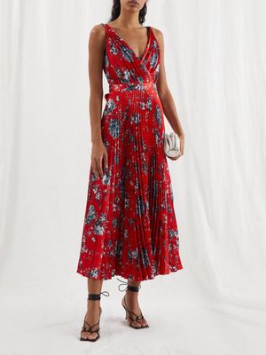 Erdem - Dorinda Penrose Floral-print Plissé Satin Dress - Womens - Red Multi