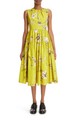 Erdem Eleonore Floral Print Tiered Midi Dress in Chartreuse/Ecru