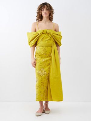 Erdem - Evora Floral-embroidered Cotton Dress - Womens - Chartreuse