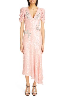 Erdem Floral Crystal Sequin Short Sleeve Cocktail Dress in Pink