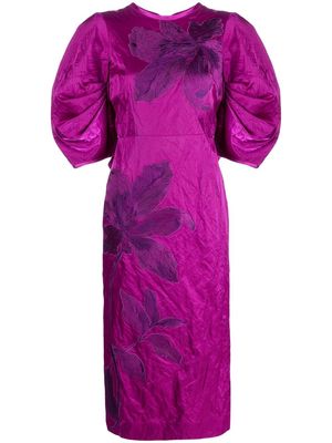 Erdem floral-embroidered puff-sleeve midi dress - Purple
