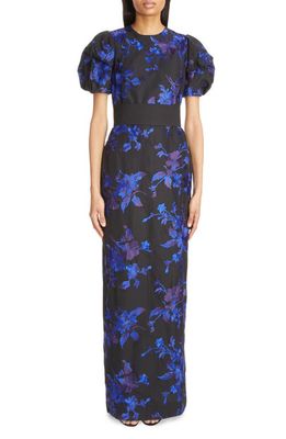 Erdem Floral Embroidery Column Dress in Black/Blue