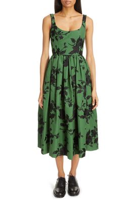 Erdem Floral Embroidery Sleeveless Cotton Dress in Green/Black