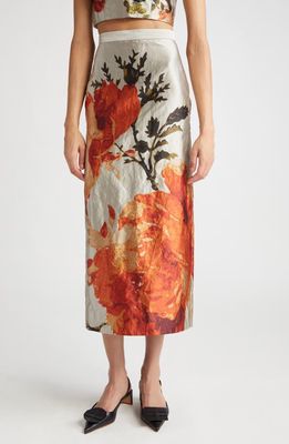 Erdem Floral Metallic Textured Satin Midi Skirt in Pearl