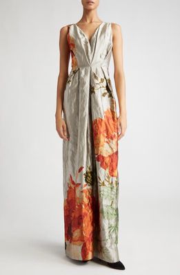 Erdem Floral Pleated V-Neck Gown in Pearl