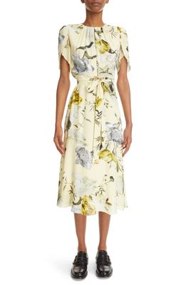 Erdem Floral Print Belted Midi Dress in Lemon/Yellow