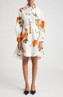 Erdem Floral Print Long Sleeve Cotton Poplin Shirtdress in White
