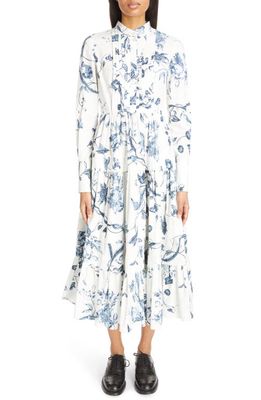 Erdem Floral Print Long Sleeve Tiered Cotton Dress in Ophelia Vine White