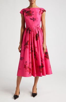 Erdem Floral Print Pleated Cotton Faille A-Line Midi Dress in Cerise