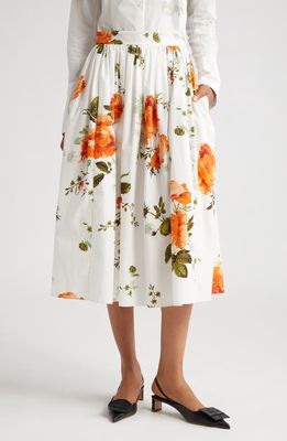 Erdem Floral Print Pleated Cotton Poplin A-Line Midi Skirt in White