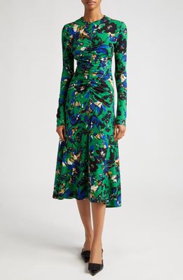 Erdem Floral Print Ruched Long Sleeve Midi Dress in Green