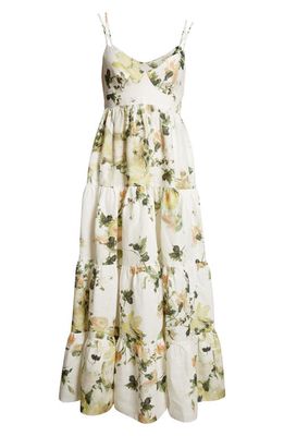 Erdem Floral Print Tie Strap Linen Maxi Dress in Painted Bouquet White