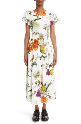 Erdem Fraser Floral Print Cap Sleeve Dress in White/Multi