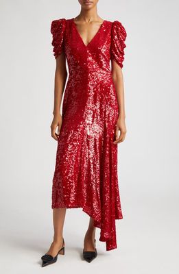 Erdem Gathered Sleeve Asymmetric Sequin Gown in Ruby Red