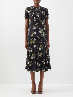 Erdem - Heidi Cahun Garden-print Short-sleeved Silk Blouse - Womens - Black Multi