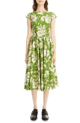 Erdem Jocelyn Floral Print Cotton Midi Dress in Green/Ecru