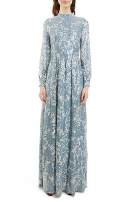 Erdem Kara Sequin Vine Long Sleeve Gown in Blue/Silver